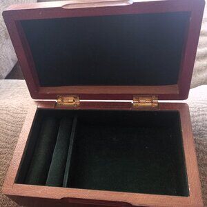 Vintage Brown Wood Plaqued Jewelry Box W/ Dark Green Velvet / Felt Lining